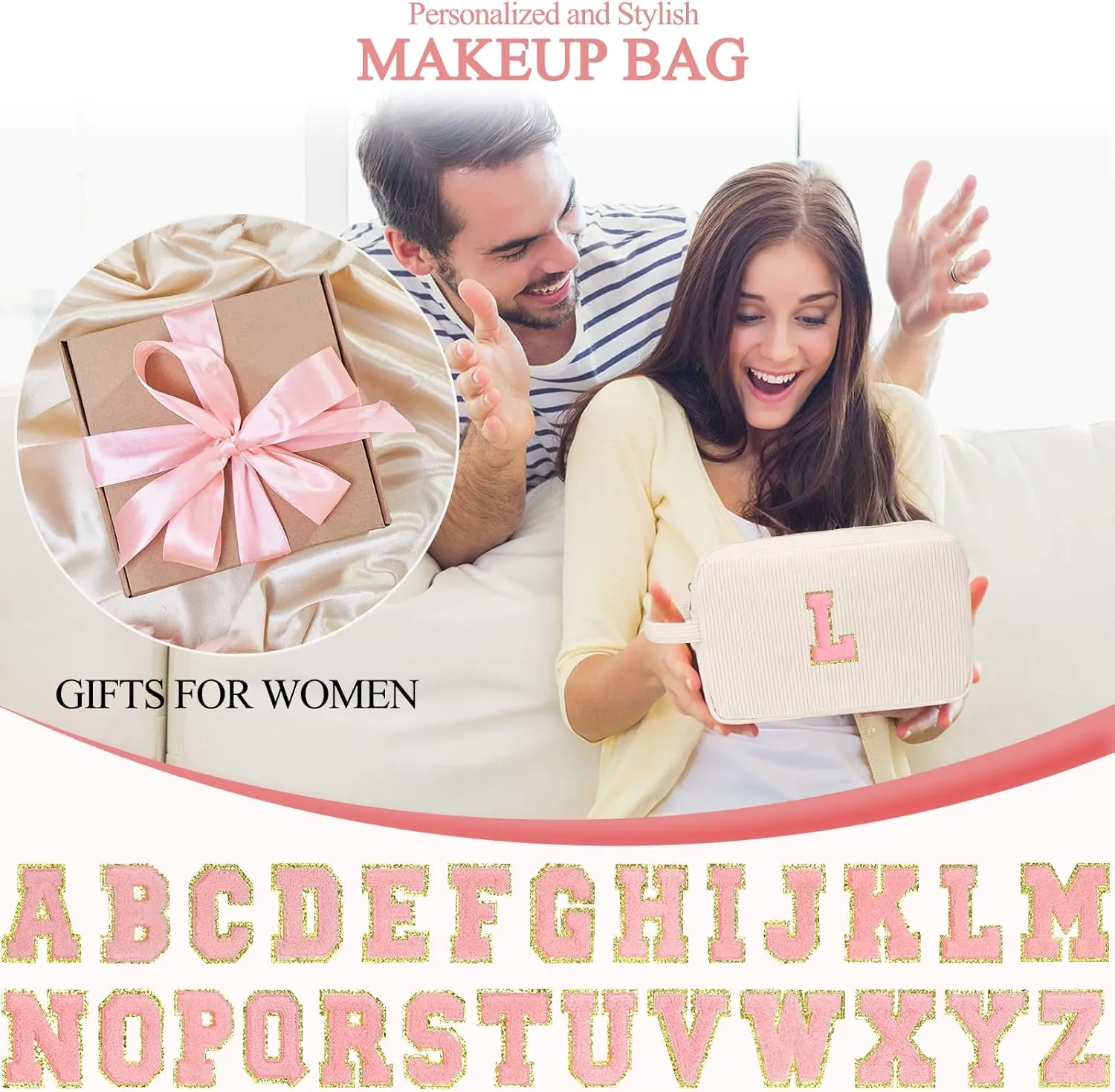 Personalized Initial Cute Makeup Bag Trendy Stuff Beige Cosmetic Bag Travel Toiletry Bag, Mother's Day/Birthday/Graduation Gifts for Women, Mom, Girlfriend, Wife Makeup Organizer Case for Girls - A