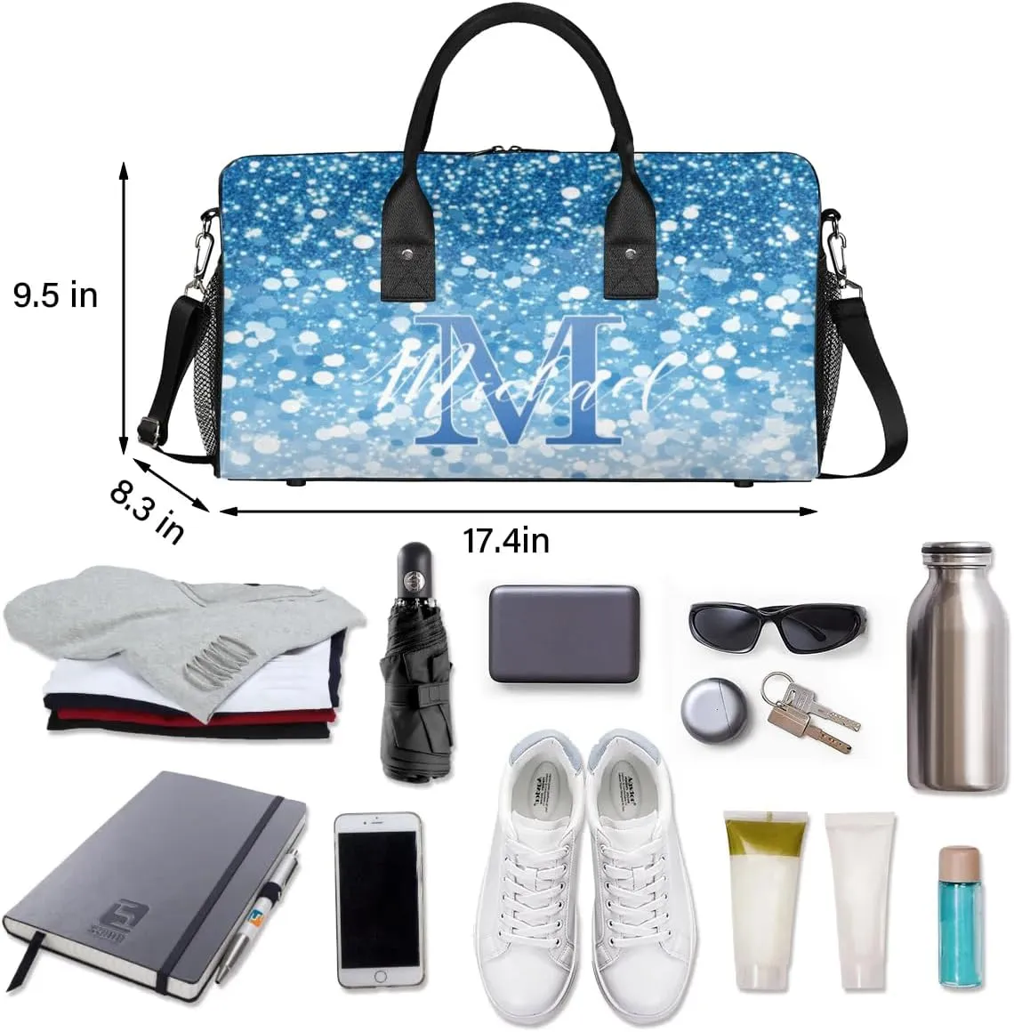 Personalized Initial Travel Duffel Bag with Name, Custom Gym Bag Sport Bag Weekender Overnight Bag for Women Men, Blue White Glitter