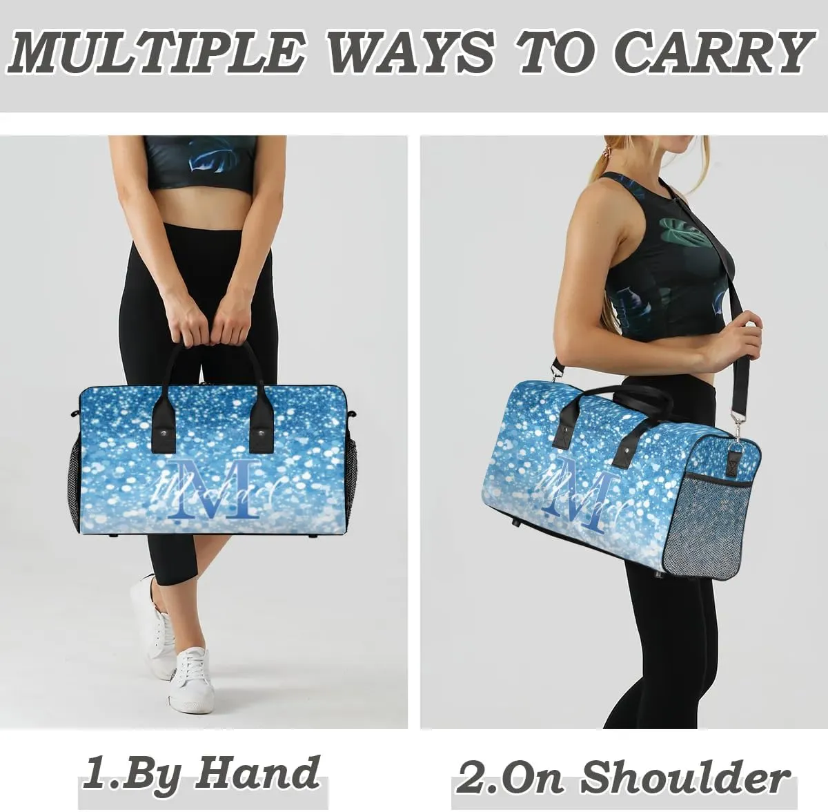 Personalized Initial Travel Duffel Bag with Name, Custom Gym Bag Sport Bag Weekender Overnight Bag for Women Men, Blue White Glitter