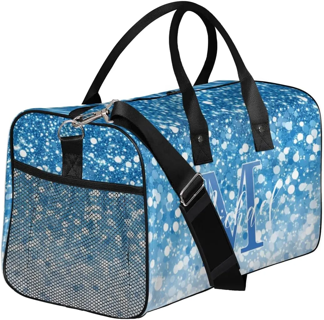 Personalized Initial Travel Duffel Bag with Name, Custom Gym Bag Sport Bag Weekender Overnight Bag for Women Men, Blue White Glitter