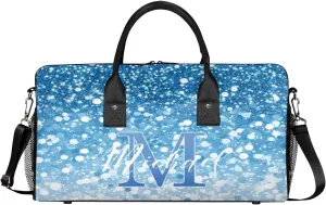 Personalized Initial Travel Duffel Bag with Name, Custom Gym Bag Sport Bag Weekender Overnight Bag for Women Men, Blue White Glitter