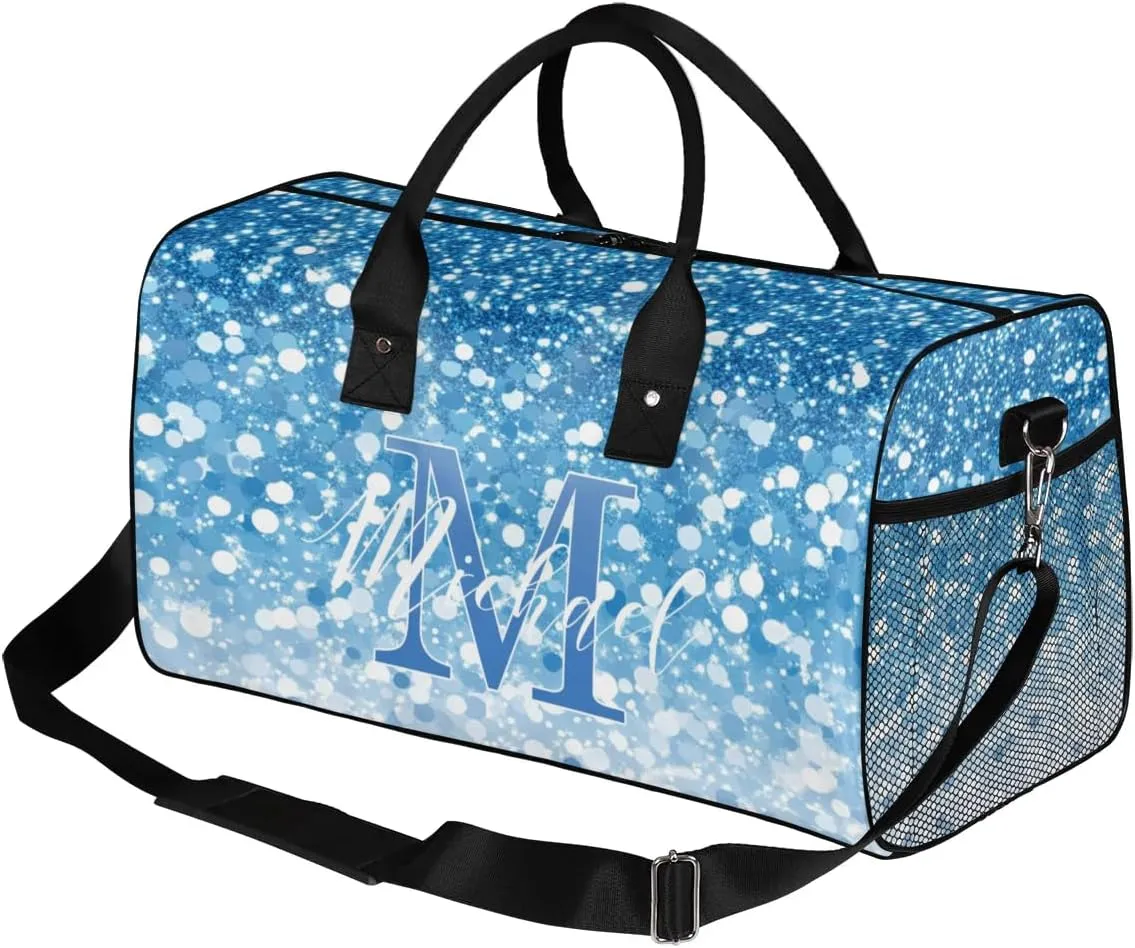 Personalized Initial Travel Duffel Bag with Name, Custom Gym Bag Sport Bag Weekender Overnight Bag for Women Men, Blue White Glitter