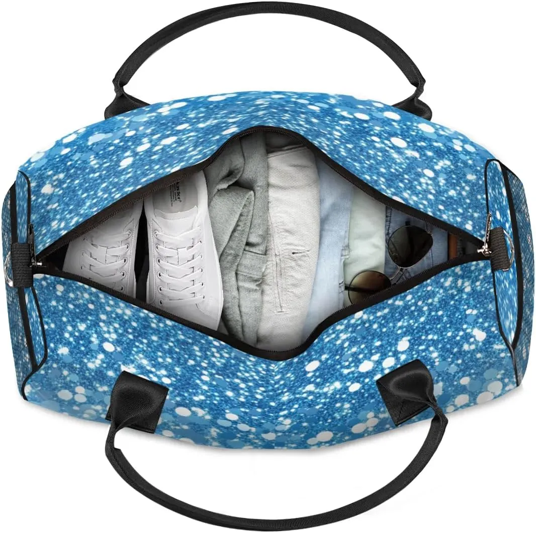 Personalized Initial Travel Duffel Bag with Name, Custom Gym Bag Sport Bag Weekender Overnight Bag for Women Men, Blue White Glitter
