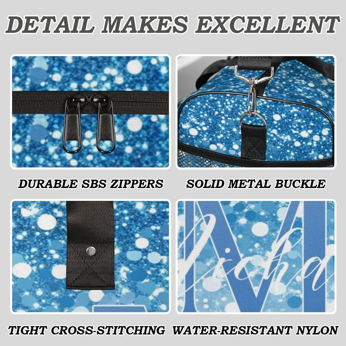 Personalized Initial Travel Duffel Bag with Name, Custom Gym Bag Sport Bag Weekender Overnight Bag for Women Men, Blue White Glitter