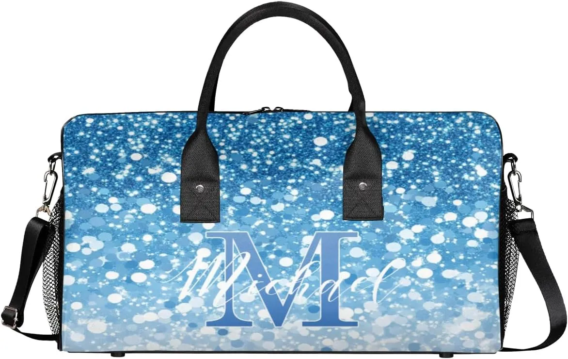 Personalized Initial Travel Duffel Bag with Name, Custom Gym Bag Sport Bag Weekender Overnight Bag for Women Men, Blue White Glitter