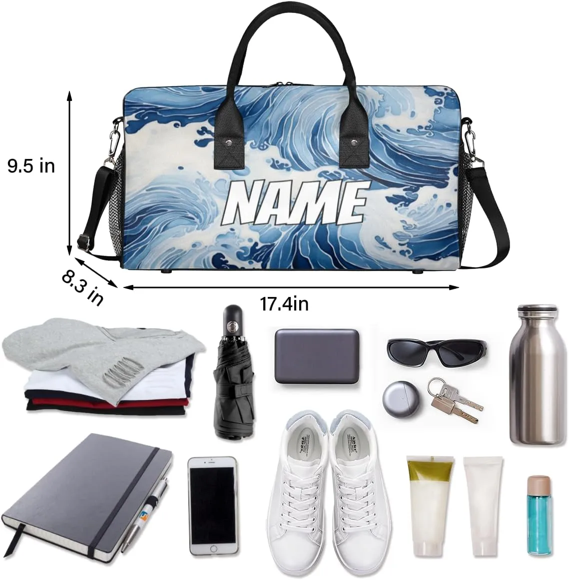 Personalized Japanese Waves Travel Duffel Bag with Name, Custom Gym Sport Bag Ocean Asian Carry On Weekend Overnight Duffel Bag for Men Women