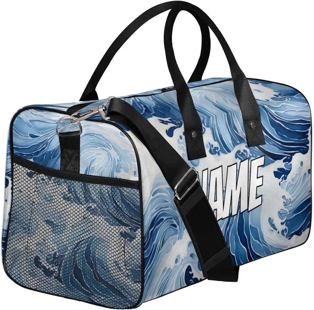 Personalized Japanese Waves Travel Duffel Bag with Name, Custom Gym Sport Bag Ocean Asian Carry On Weekend Overnight Duffel Bag for Men Women