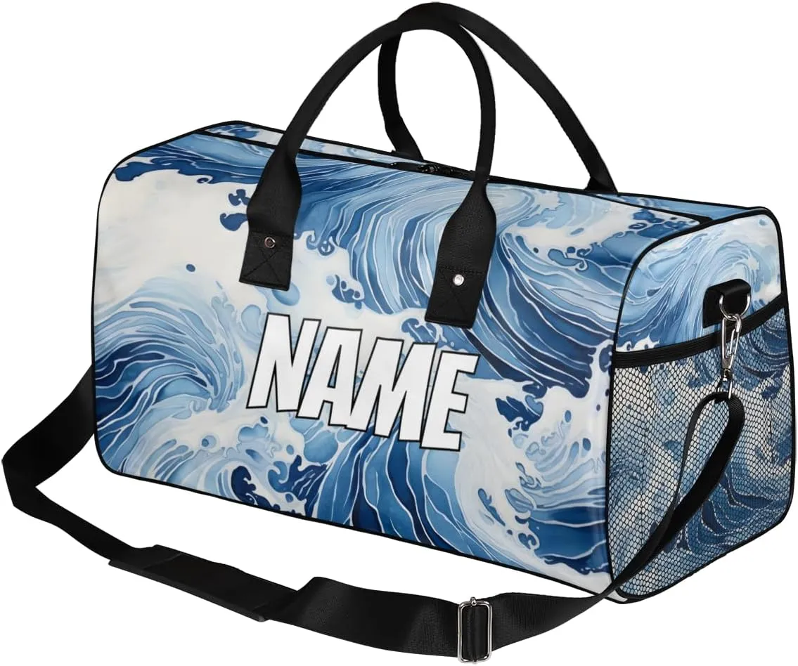 Personalized Japanese Waves Travel Duffel Bag with Name, Custom Gym Sport Bag Ocean Asian Carry On Weekend Overnight Duffel Bag for Men Women
