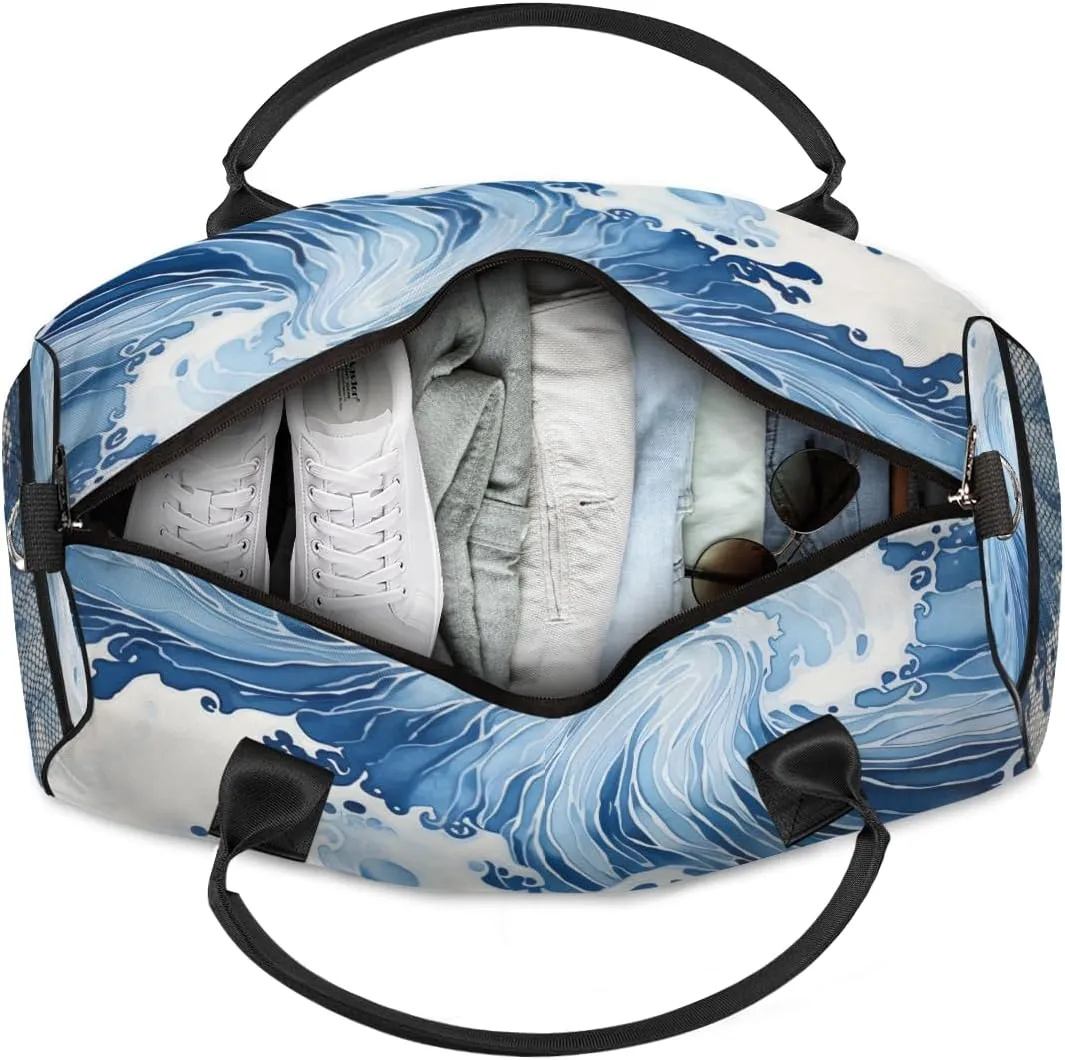 Personalized Japanese Waves Travel Duffel Bag with Name, Custom Gym Sport Bag Ocean Asian Carry On Weekend Overnight Duffel Bag for Men Women