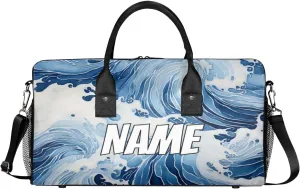 Personalized Japanese Waves Travel Duffel Bag with Name, Custom Gym Sport Bag Ocean Asian Carry On Weekend Overnight Duffel Bag for Men Women