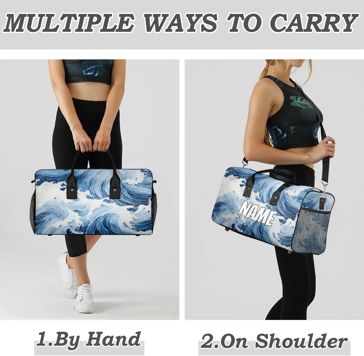 Personalized Japanese Waves Travel Duffel Bag with Name, Custom Gym Sport Bag Ocean Asian Carry On Weekend Overnight Duffel Bag for Men Women