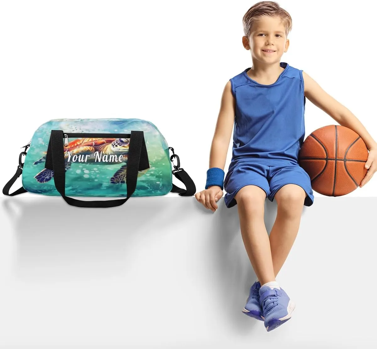 Personalized Kids Duffel Bag Art Painting Sea Turtle Tortoise,Custom Sport Gym Bag for Boys Girls,WWeekender Overnight Bags Travel Duffel Bag,Customized Kids Gift