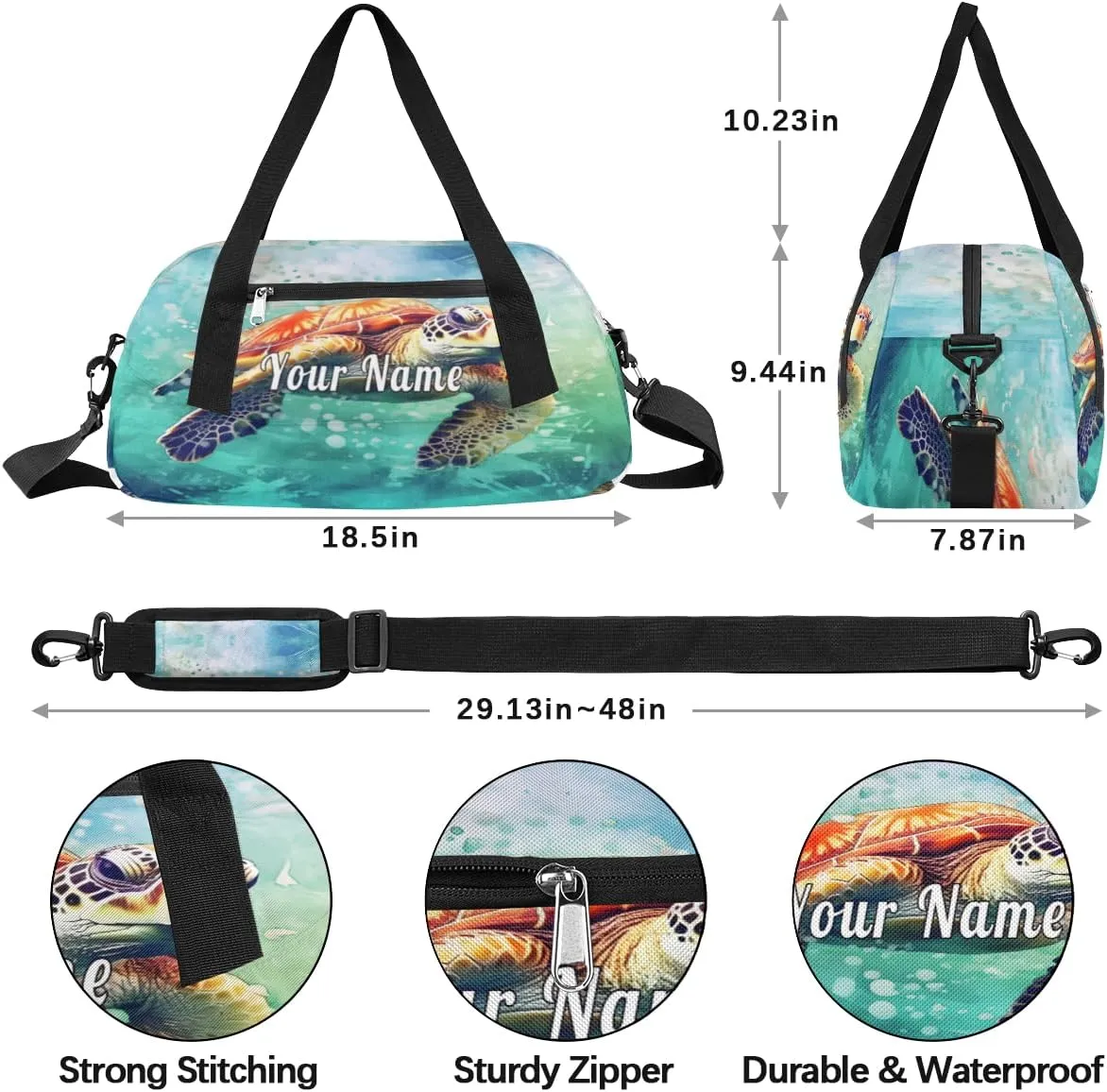 Personalized Kids Duffel Bag Art Painting Sea Turtle Tortoise,Custom Sport Gym Bag for Boys Girls,WWeekender Overnight Bags Travel Duffel Bag,Customized Kids Gift