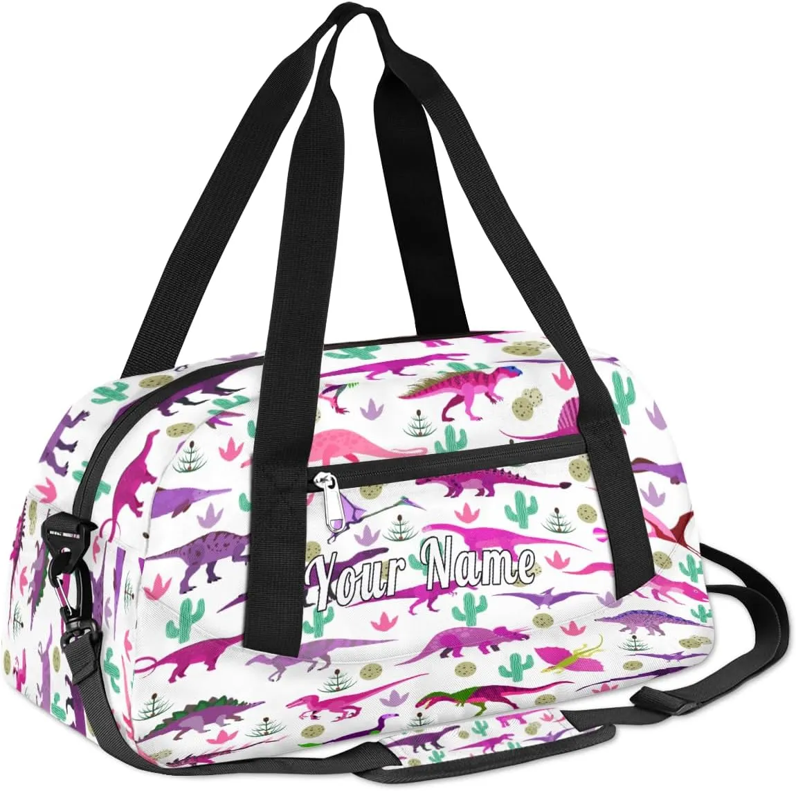 Personalized Kids Duffel Bag Colorful Dinosaur Cactus,Custom Sport Gym Bag for Boys Girls,WWeekender Overnight Bags Travel Duffel Bag,Customized Kids Gift