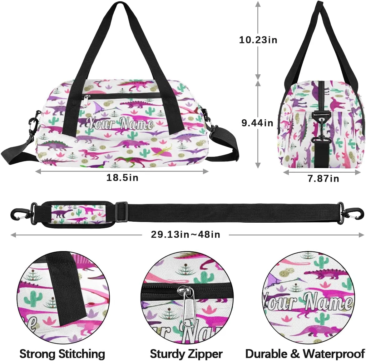 Personalized Kids Duffel Bag Colorful Dinosaur Cactus,Custom Sport Gym Bag for Boys Girls,WWeekender Overnight Bags Travel Duffel Bag,Customized Kids Gift