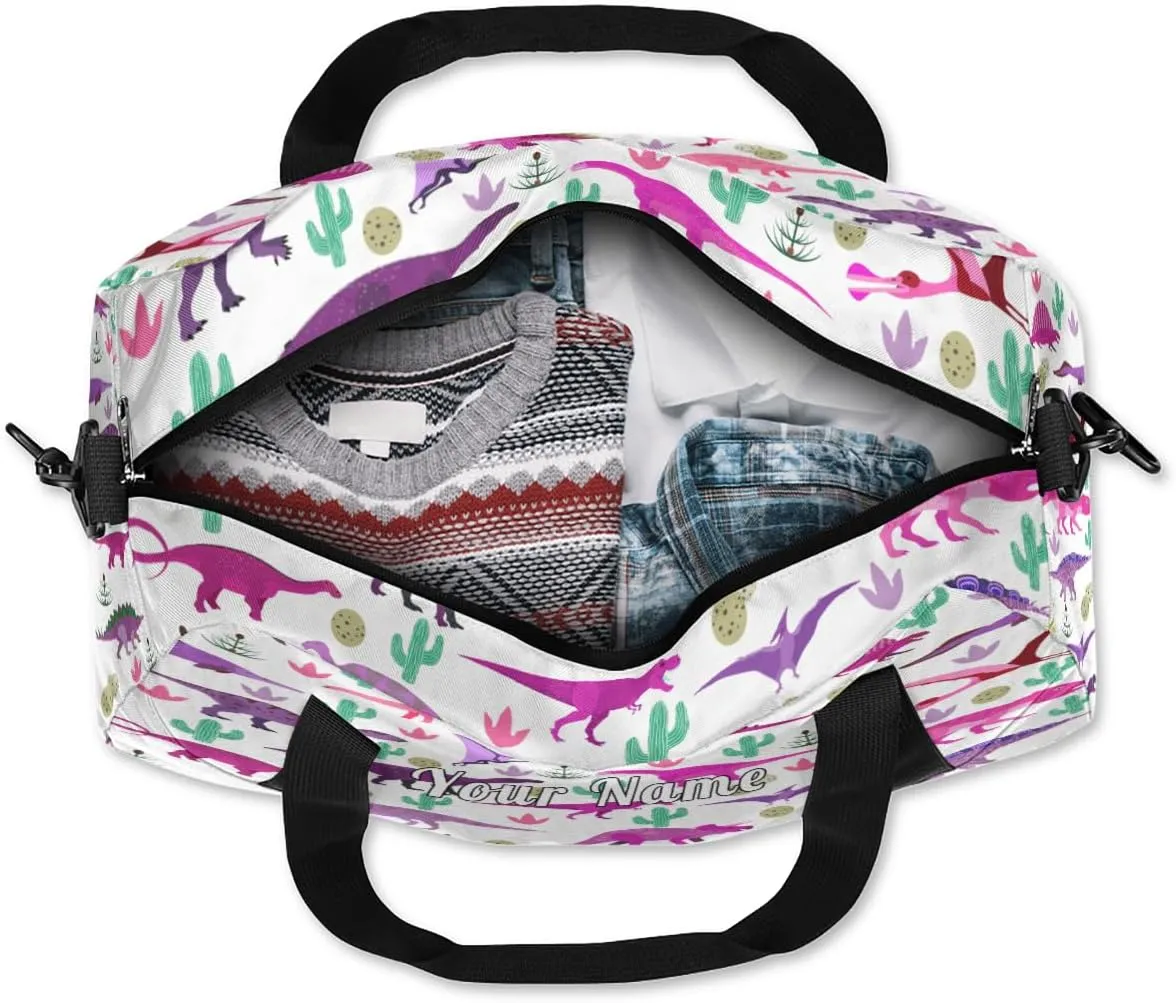 Personalized Kids Duffel Bag Colorful Dinosaur Cactus,Custom Sport Gym Bag for Boys Girls,WWeekender Overnight Bags Travel Duffel Bag,Customized Kids Gift