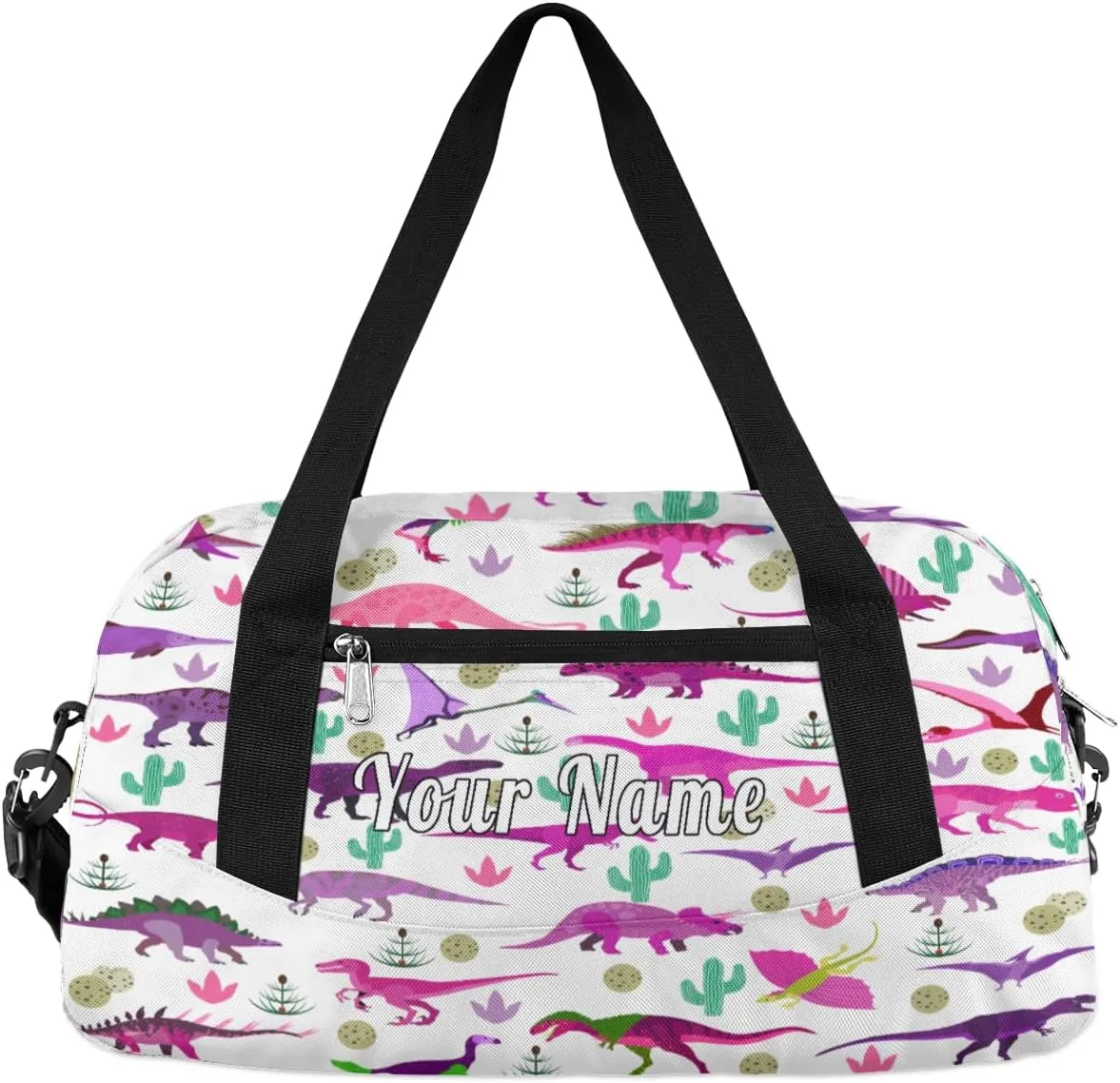 Personalized Kids Duffel Bag Colorful Dinosaur Cactus,Custom Sport Gym Bag for Boys Girls,WWeekender Overnight Bags Travel Duffel Bag,Customized Kids Gift