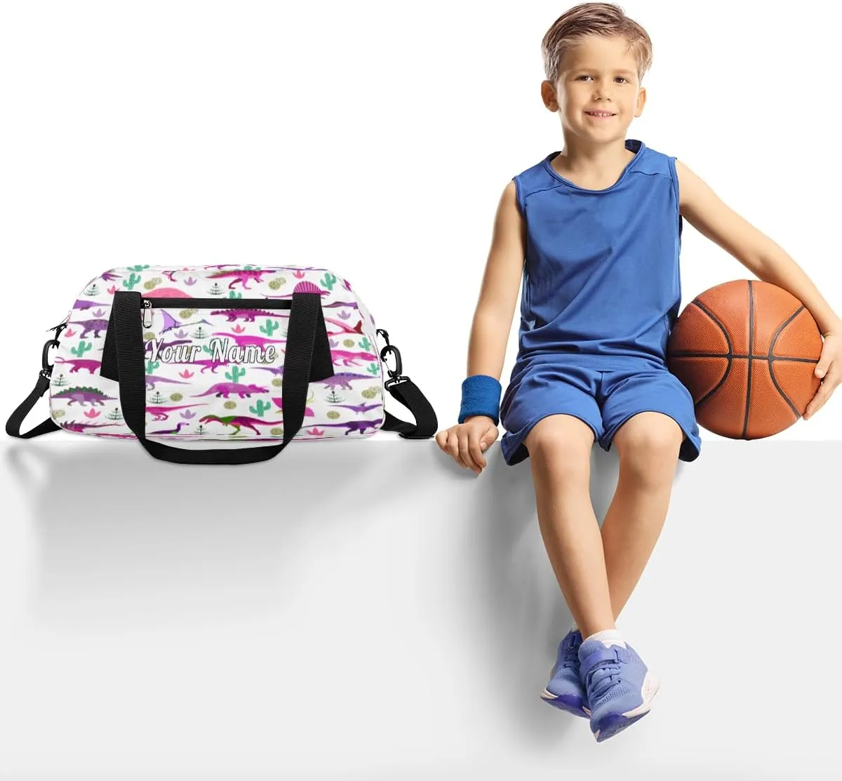 Personalized Kids Duffel Bag Colorful Dinosaur Cactus,Custom Sport Gym Bag for Boys Girls,WWeekender Overnight Bags Travel Duffel Bag,Customized Kids Gift