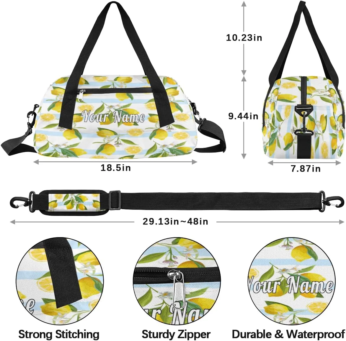 Personalized Kids Duffel Bag Lemon Fruit Pattern,Custom Sport Gym Bag for Boys Girls,WWeekender Overnight Bags Travel Duffel Bag,Customized Kids Gift