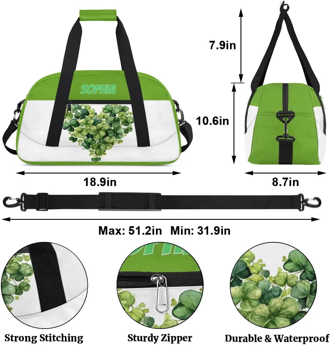 Personalized Kids Duffel Bag Shamrock Green,Custom Sport Gym Bag for Boys Girls,Weekender Overnight Bags Travel Duffel Bag,Customized Kids Gift