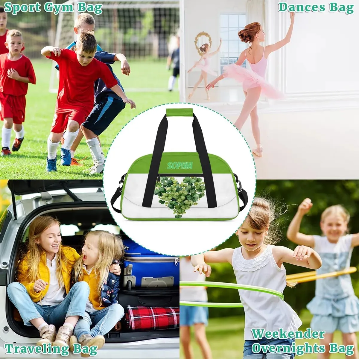 Personalized Kids Duffel Bag Shamrock Green,Custom Sport Gym Bag for Boys Girls,Weekender Overnight Bags Travel Duffel Bag,Customized Kids Gift