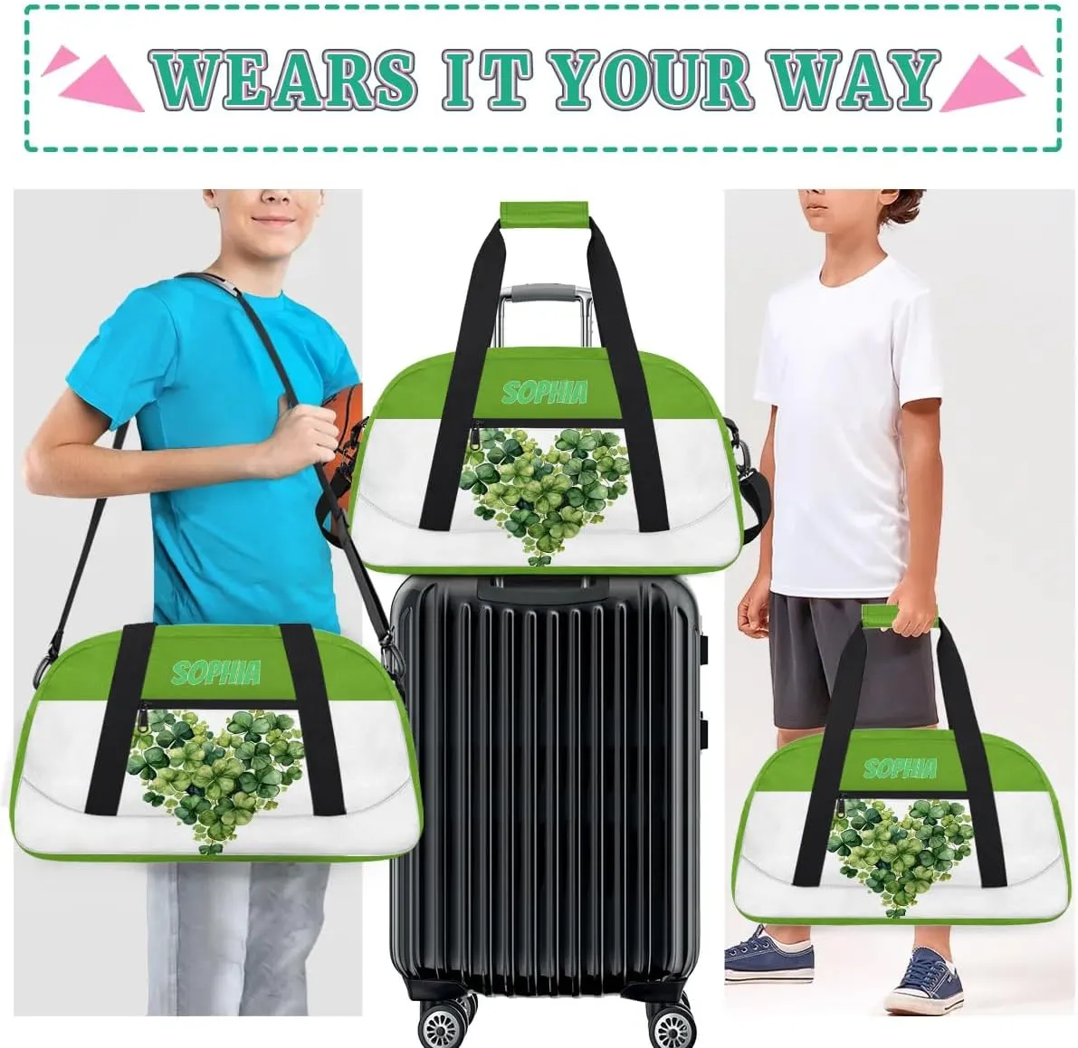 Personalized Kids Duffel Bag Shamrock Green,Custom Sport Gym Bag for Boys Girls,Weekender Overnight Bags Travel Duffel Bag,Customized Kids Gift