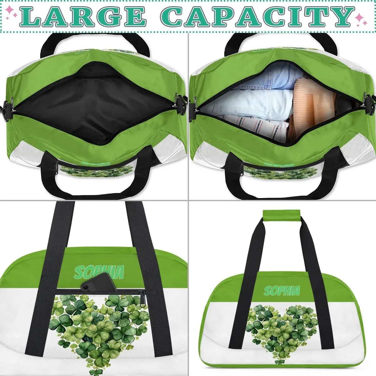 Personalized Kids Duffel Bag Shamrock Green,Custom Sport Gym Bag for Boys Girls,Weekender Overnight Bags Travel Duffel Bag,Customized Kids Gift