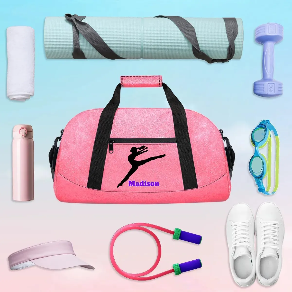 Personalized Kids Girls Gym Dance Pink PU Leather Bag with Name, Custom Sport Duffel Bag Large Compartment Cheerleaders Dance Bag Weekender Bags Travel Bag for Girl