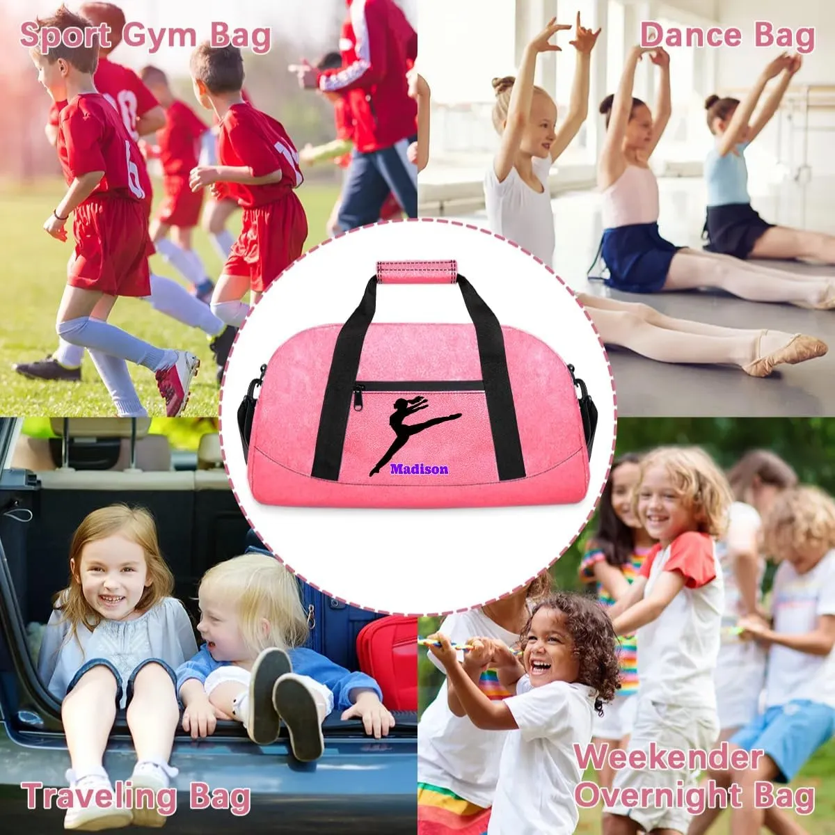 Personalized Kids Girls Gym Dance Pink PU Leather Bag with Name, Custom Sport Duffel Bag Large Compartment Cheerleaders Dance Bag Weekender Bags Travel Bag for Girl