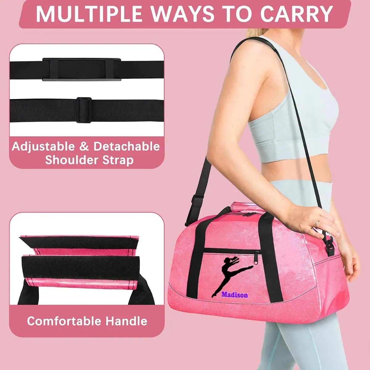 Personalized Kids Girls Gym Dance Pink PU Leather Bag with Name, Custom Sport Duffel Bag Large Compartment Cheerleaders Dance Bag Weekender Bags Travel Bag for Girl