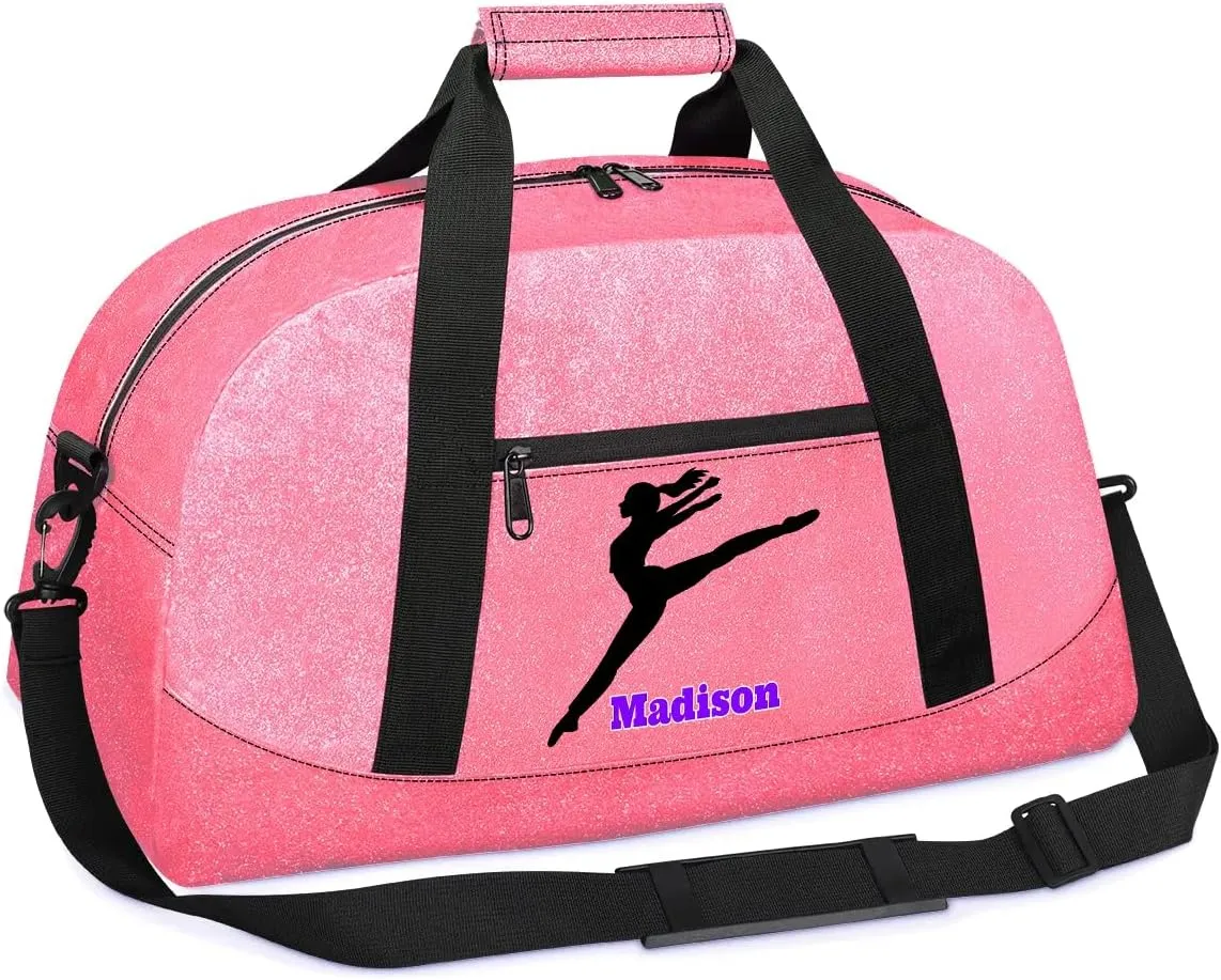Personalized Kids Girls Gym Dance Pink PU Leather Bag with Name, Custom Sport Duffel Bag Large Compartment Cheerleaders Dance Bag Weekender Bags Travel Bag for Girl
