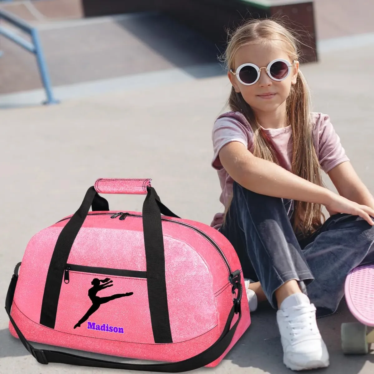 Personalized Kids Girls Gym Dance Pink PU Leather Bag with Name, Custom Sport Duffel Bag Large Compartment Cheerleaders Dance Bag Weekender Bags Travel Bag for Girl