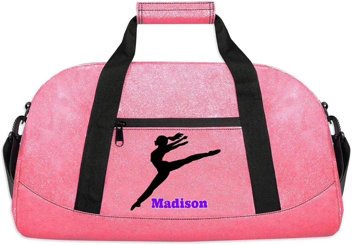 Personalized Kids Girls Gym Dance Pink PU Leather Bag with Name, Custom Sport Duffel Bag Large Compartment Cheerleaders Dance Bag Weekender Bags Travel Bag for Girl