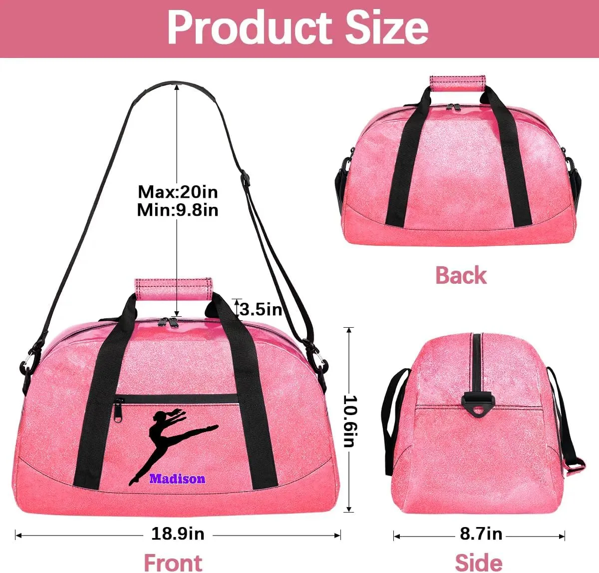 Personalized Kids Girls Gym Dance Pink PU Leather Bag with Name, Custom Sport Duffel Bag Large Compartment Cheerleaders Dance Bag Weekender Bags Travel Bag for Girl