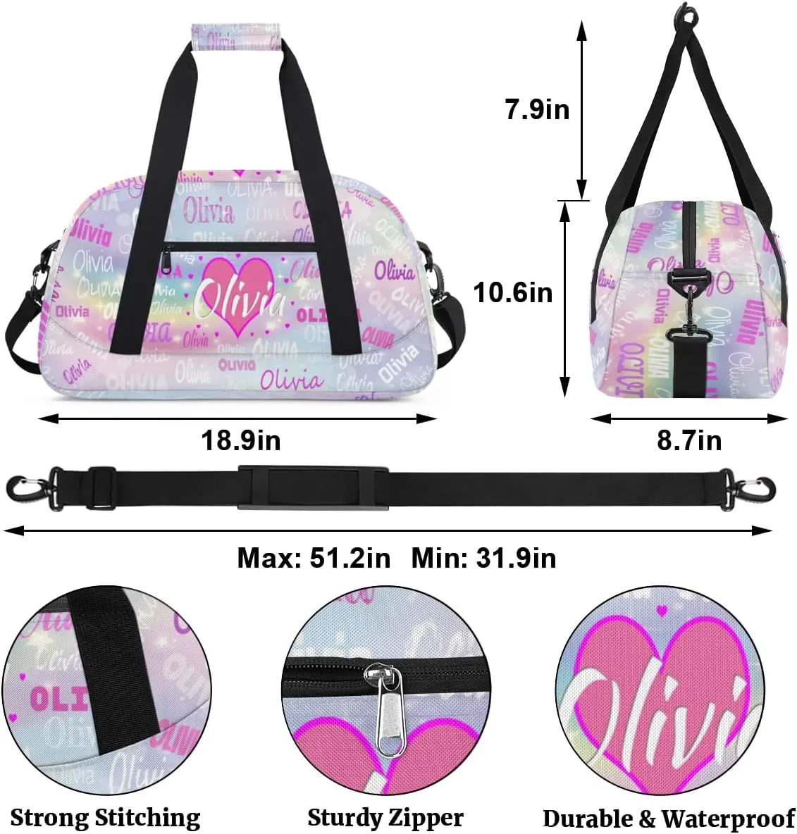 Personalized Kids Gym Bag, Custom Sport Duffel Bag, Cheerleading Dance Bag Weekender Bags Travel Duffel Bag for Girl Dancing Women Light Purple with Stars