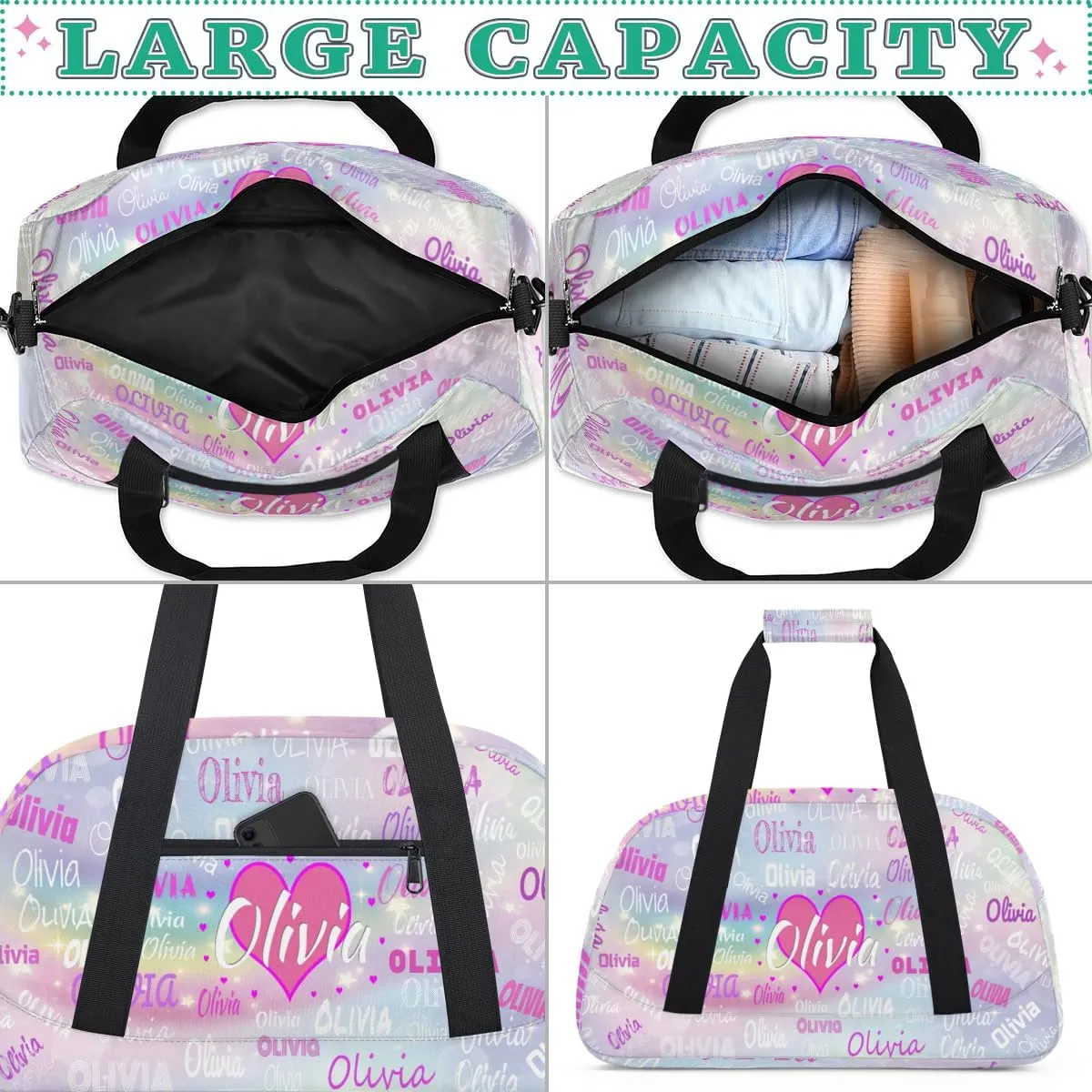 Personalized Kids Gym Bag, Custom Sport Duffel Bag, Cheerleading Dance Bag Weekender Bags Travel Duffel Bag for Girl Dancing Women Light Purple with Stars