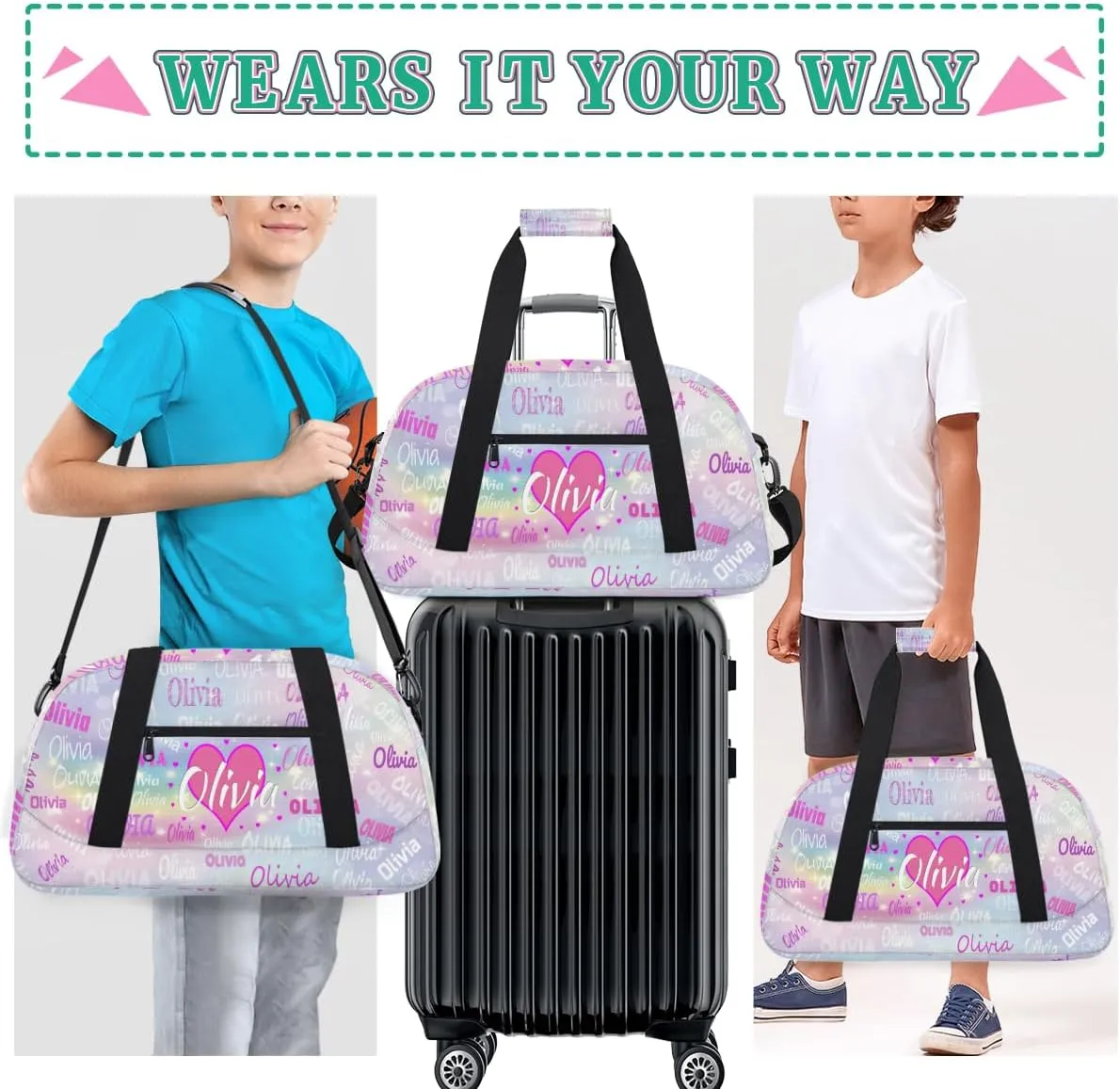 Personalized Kids Gym Bag, Custom Sport Duffel Bag, Cheerleading Dance Bag Weekender Bags Travel Duffel Bag for Girl Dancing Women Light Purple with Stars