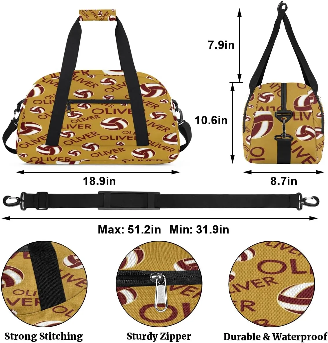 Personalized Kids Gym Bag, Custom Sport Duffel Bag, Dance Bag Weekender Bags Travel Duffel Bag for Boy & Girl Red Gold Volleyball