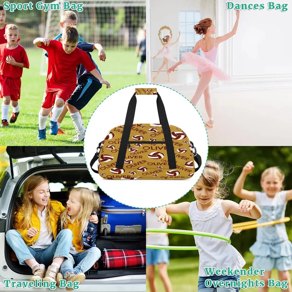 Personalized Kids Gym Bag, Custom Sport Duffel Bag, Dance Bag Weekender Bags Travel Duffel Bag for Boy & Girl Red Gold Volleyball