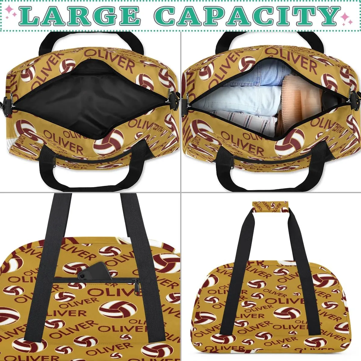 Personalized Kids Gym Bag, Custom Sport Duffel Bag, Dance Bag Weekender Bags Travel Duffel Bag for Boy & Girl Red Gold Volleyball