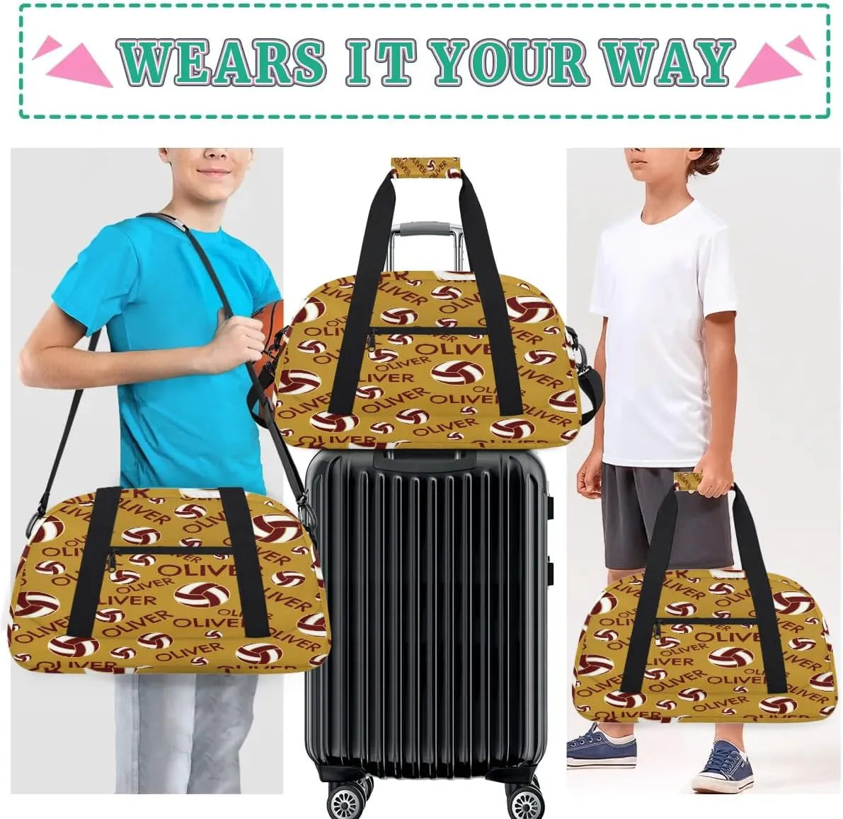 Personalized Kids Gym Bag, Custom Sport Duffel Bag, Dance Bag Weekender Bags Travel Duffel Bag for Boy & Girl Red Gold Volleyball
