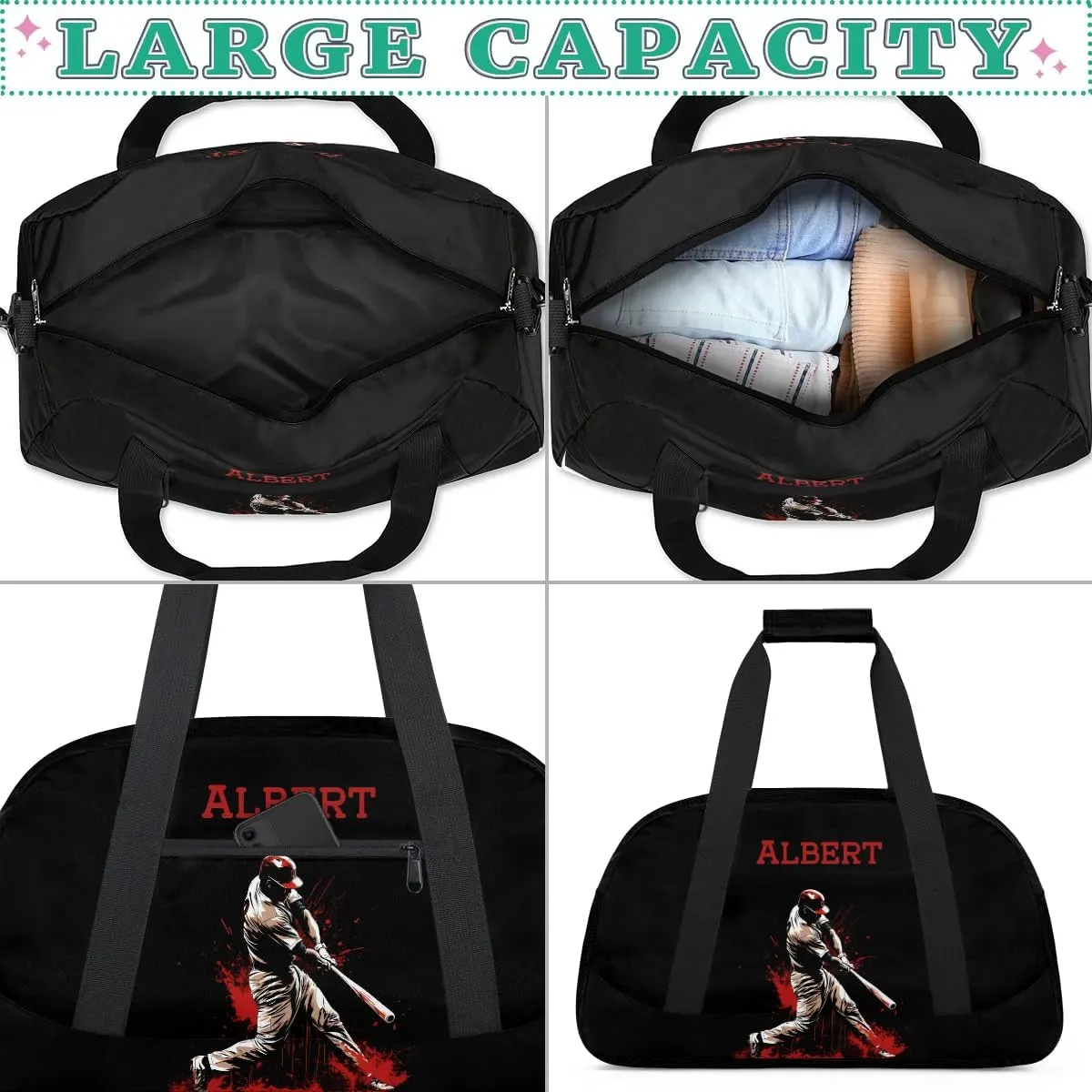 Personalized Kids Sports Duffel Bag with Name Custom Weekender Overnight Bag for Boys Girls Gym Bag Travel Dance Gymnastics Duffel Bag, Sports Baseball