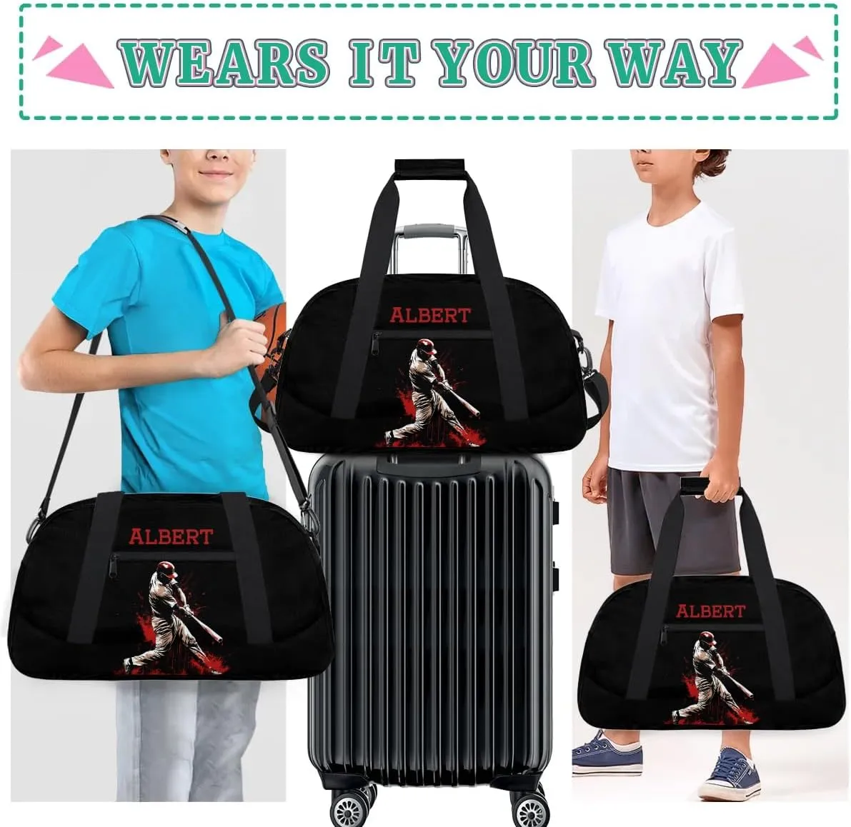 Personalized Kids Sports Duffel Bag with Name Custom Weekender Overnight Bag for Boys Girls Gym Bag Travel Dance Gymnastics Duffel Bag, Sports Baseball