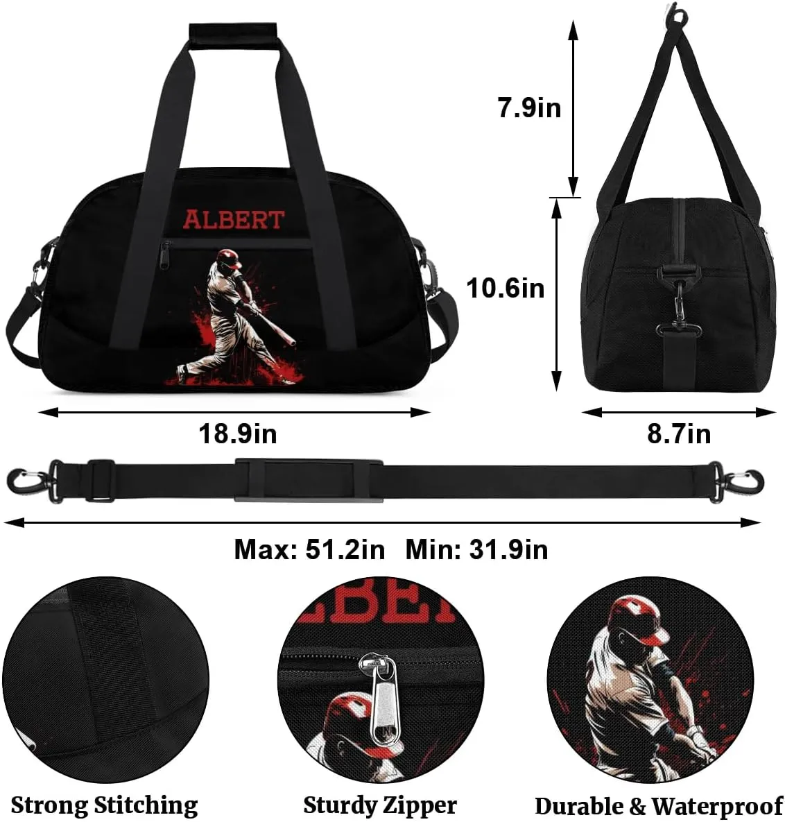 Personalized Kids Sports Duffel Bag with Name Custom Weekender Overnight Bag for Boys Girls Gym Bag Travel Dance Gymnastics Duffel Bag, Sports Baseball