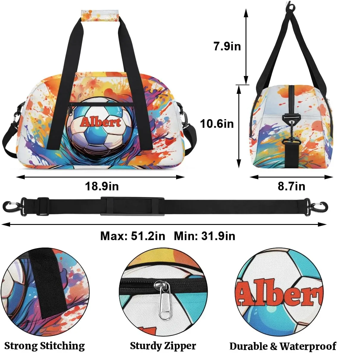 Personalized Kids Sports Duffel Bag with Name Custom Weekender Overnight Bag for Boys Girls Gym Bag Travel Dance Gymnastics Duffel Bag, Watercolor Soccer
