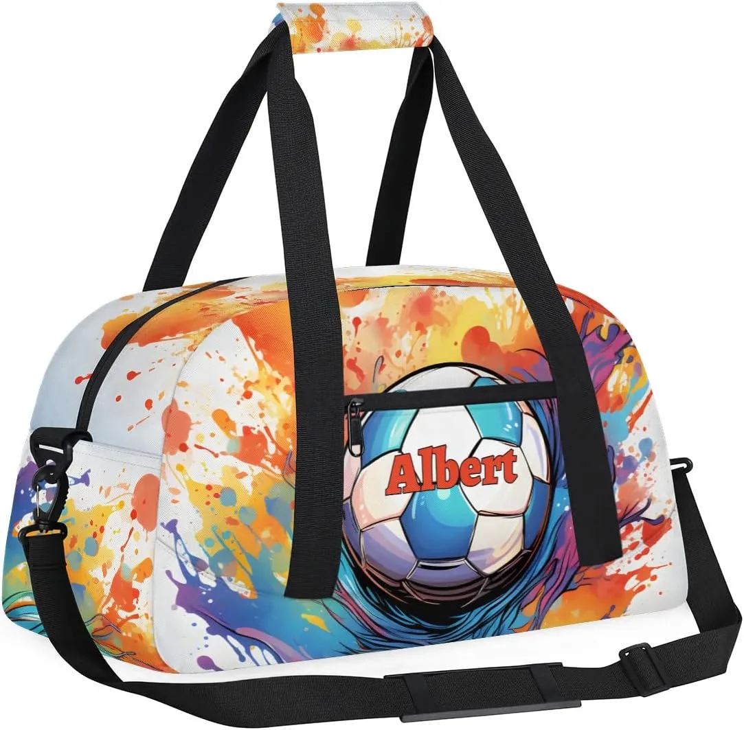 Personalized Kids Sports Duffel Bag with Name Custom Weekender Overnight Bag for Boys Girls Gym Bag Travel Dance Gymnastics Duffel Bag, Watercolor Soccer