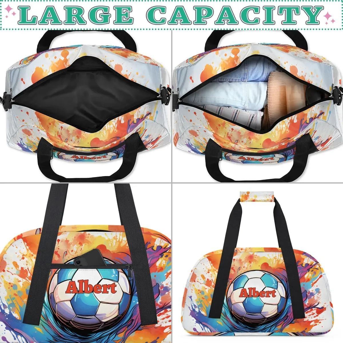 Personalized Kids Sports Duffel Bag with Name Custom Weekender Overnight Bag for Boys Girls Gym Bag Travel Dance Gymnastics Duffel Bag, Watercolor Soccer