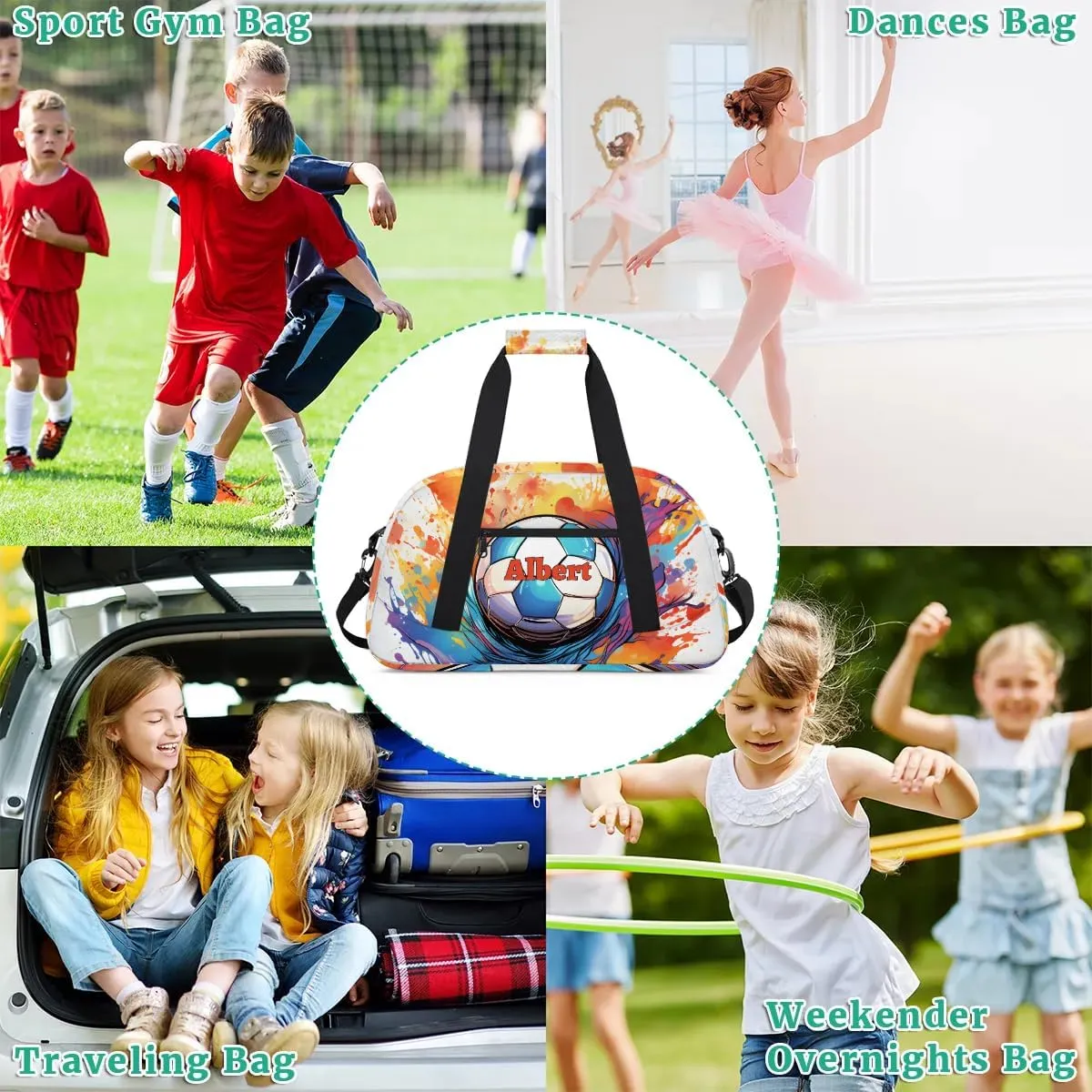 Personalized Kids Sports Duffel Bag with Name Custom Weekender Overnight Bag for Boys Girls Gym Bag Travel Dance Gymnastics Duffel Bag, Watercolor Soccer