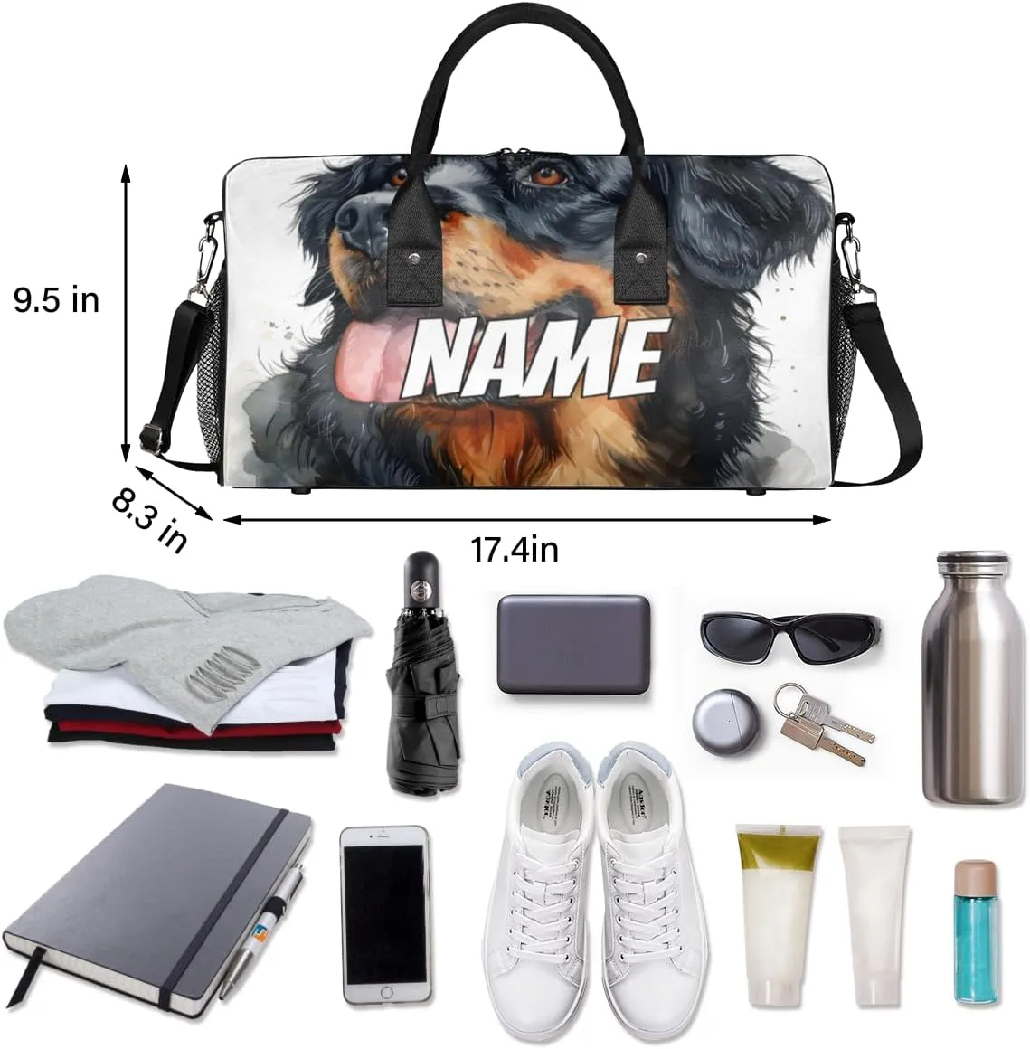 Personalized Lovely Dog Travel Duffel Bag with Name, Custom Gym Sport Bag Funny Animal Carry On Weekend Overnight Duffel Bag for Men Women