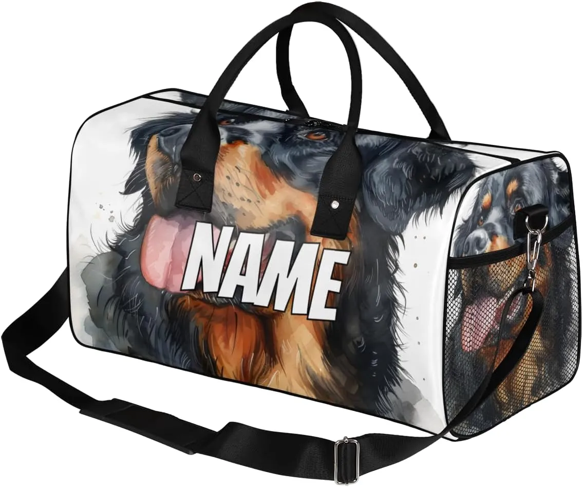 Personalized Lovely Dog Travel Duffel Bag with Name, Custom Gym Sport Bag Funny Animal Carry On Weekend Overnight Duffel Bag for Men Women